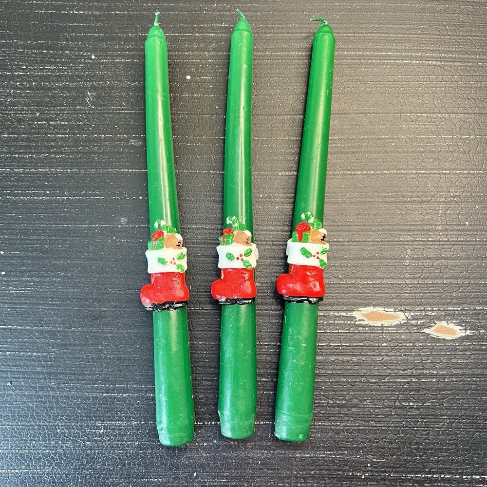 Christmas Day Stockings Vintage Tapered Candles Lot Of 3